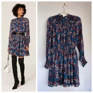 Peter Som x RTR Floral Pop Art Smocked Long Sleeve Mini Dress in Blue & Pink 6